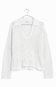 Crocheted in cotton, this airy V-neck sweater that pairs with practically anything has a polo collar, exaggerated dropped shoulders and an eyelet panel. Johnny collar Long sleeves 100% cotton Machine wash, tumble dry Imported Crochet Polo, Johnny Collar, Polo Sweater, Polo Collar, V Neck Sweater, Vneck Sweater, Neck Sweater, Madewell, Top Brands