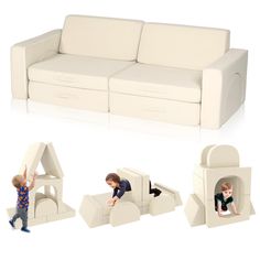 two children are playing on the couch made out of cardboard boxes and other furniture pieces