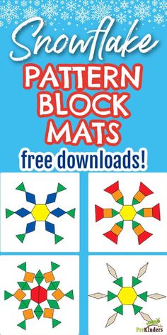 the snowflake pattern block mats is shown in four different colors and sizes, with text