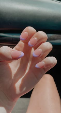 Lilac Nails Tips, Purple Tip Short Nails, Fun French Tip Acrylic Nails, Lavender French Tips Nails, Purple French Tip Short Nails, Purple French Tip Nails Almond Short, Lavender Almond Nails French Tip, Purple Gel French Tip Nails, Short Almond Nail Ideas French Tip