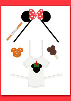 an image of mickey mouse ears and other items on a white background with red border