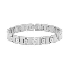 Accentuated with round-cut diamonds along square links, this men’s stainless steel bracelet is impressive. Click on this JEWELRY & WATCHES GUIDE to learn about fit, styles, materials and more!BRACELET DETAILS Length: 8.5 in. Closure: fold-over Metal: stainless steel Finish: polished & satin DIAMOND DETAILS Total weight: 1/10 ct. Shape: round Color grade: H-I Clarity: I2-I3 Setting: prong Gemstones may have been treated to enhance their appearance. Special care may be required. Please visit our G Timeless Stainless Steel Chain Bracelet For Formal Occasions, Timeless Stainless Steel Chain Bracelet For Formal Events, Timeless Stainless Steel Bracelets For Anniversary, Timeless Stainless Steel Bracelet For Formal Occasions, Timeless Stainless Steel Bracelets For Formal Occasions, Modern Stainless Steel Jewelry With Diamond Accents, Timeless Stainless Steel Formal Bracelet, Classic Stainless Steel Chain Bracelet For Formal Occasions, Modern White Gold Diamond Watch