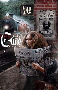 a woman reading a newspaper while standing in front of a train on the railroad tracks