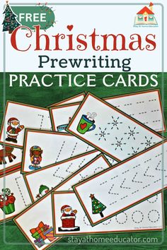 christmas pre - writing practice cards with santa and reindeers on them, in front of green