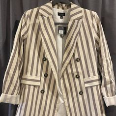 Topshop Striped Blazer Size: Us 6 New With Tags On- The Blazer Was A Gift And Then Never Worn Smoke Free Home Casual Striped Outerwear For Office, Trendy Gray Blazer For Spring, Gray Cotton Blazer For Work, Gray Cotton Workwear Blazer, Fall Striped Double-breasted Blazer, Striped Double-breasted Fitted Blazer, Semi-formal Striped Blazer With Welt Pockets, Elegant Double-breasted Pinstripe Blazer, Christmas Blazer