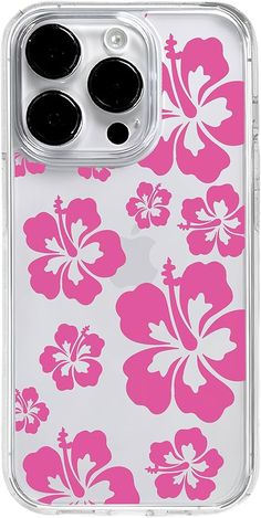 an iphone case with pink and white flowers on the front, and two black buttons in the back