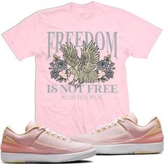 Freedom : Light Pink Sneaker Tees Shirt to match the Jordan Retro 2 Low Craft 2s shoes. This sneaker shirt by MDM Clothing is made out of premium cotton with a screen printed design. Screen print is the best quality print you can get on a shirt, which few companies do now a days as it is a older slower technique, but it is by far the highest quality printing you can do on a garment. The fit on this shirt is more of a loose fit and not so much of a fashion fit. This is more of a streetwear fit shirt. Care Instructions: We suggest to machine wash this shirt inside out with cold water and we recommend to hang dry all shirts with graphics on it. If you must dry it in the dryer, keep the shirt inside out. Shipping: This item is in-stock and ready to ship out. This item will ship out in 1-2 busi Rosa Jordans, Grinch Shoes, Jordan Retro 2, Freedom Is Not Free, Light Pink Sneakers, Pink Jordans, Retro 2, Streetwear Fits, Sneaker Tee