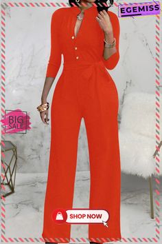 Orange Casual Solid Bandage Patchwork Buckle Mandarin Collar Straight Jumpsuits Fitted Orange Jumpsuits For Work, Casual Jumpsuits And Rompers With Buttons For Parties, Fitted Orange Jumpsuits And Rompers For Work, Orange Jumpsuits And Rompers For Work, Orange Fitted Elegant Jumpsuit, Elegant Fitted Orange Jumpsuits And Rompers, Elegant Fitted Orange Jumpsuit, Spring Party Jumpsuits And Rompers With Button Closure, Casual Jumpsuits And Rompers With Button Closure For Party