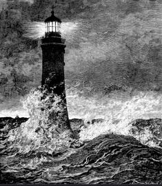 a lighthouse in the middle of a large body of water with waves crashing around it