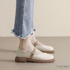 Lasaky - Womens Thick-Soled Mary Jane Lace-Up Loafers with Round Toe, Soft Sole, and Chunky Heel Spring Casual Ankle-high Mary Janes, Casual Ankle-high Mary Janes For Spring, Cream Mary Janes For Spring With Round Toe, Cream Color Mary Janes For Spring With Round Toe, Spring Cream Mary Janes With Round Toe, Casual Beige Mary Janes For Spring, Casual White Mary Janes With Round Toe, Casual White Slip-on Mary Janes, Cream Round Toe Flats Medium Width