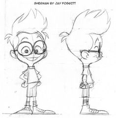 two cartoon character sketches, one with glasses and the other with short hair