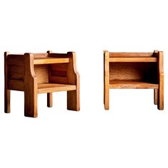 two small wooden tables sitting next to each other on top of a white background,