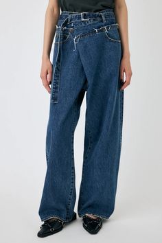 Details This wide straight jeans features a generously wide waistband that can be cinched with a belt. Asymmetrical and raw hem details 010HAS11-6491 Size & Fit Blue: Model is 5'9" (175 cm), bust 31", waist 22", hips 34" and wears a size 26. Fabric & Care Cotton 100% Imported, China Machine wash cold. Delicate Spring Wide Leg Deconstructed Jeans, Belted Wide Leg Jeans For Spring, Baggy Dark Wash Flare Jeans With Belt Loops, Belted Wide Leg Denim Pants, Wide Leg Belted Denim Pants, Wide Leg Denim Pants With Belt, High Waist Belted Denim Blue Jeans, High Waist Belted Jeans In Denim Blue, Belted Wide Leg Denim Bottoms