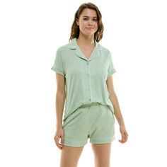 Drift off to dreamland in ultimate comfort with this 2-piece set combines classic style with cozy vibes. The relaxed-fit, short-sleeved top features a chic notched collar for a touch of sophistication, while the sleep shorts boast a wide, comfy waistband and convenient side seam pockets. Crafted from our super soft Lushluxe ribbed fabric with binding around the sleeves and hems, this pajama set is perfect for cozy nights in. Size: XL.  Color: Green.  Gender: female.  Age Group: adult. Summer Pajama Set, Christmas Pajama Set, Summer Pajamas, Sleep Shorts, Womens Pyjama Sets, Cozy Vibes, Sleep Shirt, Loungewear Set, Pajama Set Women