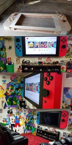 two nintendo wii game controllers sitting next to each other in front of a wall with video games on it