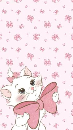 a white cat holding a pink heart on top of it's back with lots of hearts