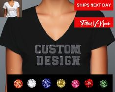 Create a unique and personalized rhinestone t-shirt with your choice of text, font, shirt style, color and rhinestone color! Stand out from the crowd and express yourself with your own custom rhinestone bling tee. Bling Shirt, Bling Top, Custom Rhinestone, Bling Shirts, Rhinestone Shirts, Custom Bling, Text Shirt, Custom Tee, Custom Tees