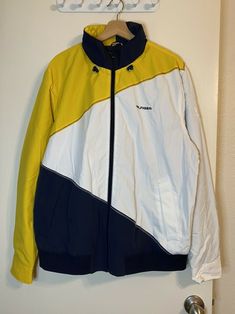 Tommy Hilfiger Mens Sz (XL) Navy-Yellow-White-Neon Tuck Away Hood Windbreaker Tommy Hilfiger Sporty Streetwear Windbreaker, Tommy Hilfiger Sporty Windbreaker For Streetwear, Nike Jacket, Yellow White, Tommy Hilfiger, Athletic Jacket, Neon, Nike, Navy