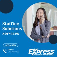 a woman talking on a cell phone while standing in front of a blue circle with the words staffing solutions services apply now