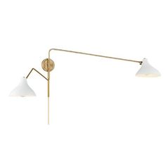 This 2-light adjustable wall sconce showcases curving vintage-inspired shades on long, dramatically angled arms and is finished in a stylish pairing of white or black with natural brass. Max 60 watts per bulb, standard size A19 bulbs recommended. LED bulb compatible. Can be hard-wired or plugged in. Finish: White, Shade Color: White Metal Swings, Joss And Main, White White, Wall Sconces, Size 20, Led Bulb, Vintage Inspired, Wall Lights, Color White