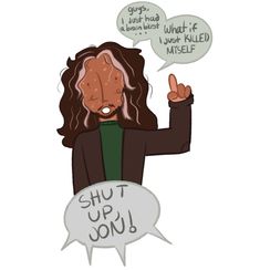 a woman with long hair and two speech bubbles above her head, saying shut up you