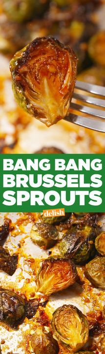 the cover of bang bang brussel's sprouts with a fork stuck in it