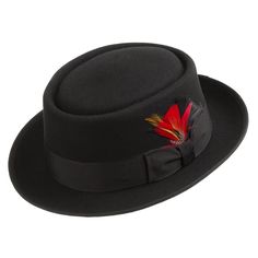 Riff Wool Felt Classic Jazz Porkpie Hat with Feather Formal Fur Felt Hat With Flat Bill, Classic Top Hat With Flat Crown For Fall, Classic Fall Top Hat With Flat Crown, Classic Flat Crown Top Hat For Fall, Classic Top Hat With Flat Crown For Kentucky Derby, Classic Fur Felt Boater Hat For Fall, Classic Wool Boater Hat For Fall, Classic Top Hat For Kentucky Derby, Formal Flat Bill Felt Hat For Kentucky Derby