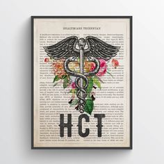 "Vintage style Licensed Healthcare technician (HCT) print with a Cerebrum illustration with flowers, occupation definition & description written in the background. Available as poster (NO FRAME INCLUDED) or canvas print (READY TO HANG). This is the perfect graduation gift. POSTER QUALITY - 10.3 mil thick - High color - Printed on Epson Stylus Pro 7900 - Uses Epson UltraChrome HDR ink-jet technology - Epson Enhanced Matte Paper - Heavyweight stock CANVAS QUALITY - Poly-cotton blend - 1.5\" inches Medicine Gift, Doctor Of Nursing Practice, Nurse Decor, Medical Decor, Doctors Office Decor, Nurse Practitioner Gifts, Doctor Of Physical Therapy, Therapy Gift, Nurse Graduation