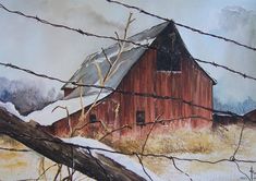 a painting of a red barn behind a barbed wire fence with snow on the roof