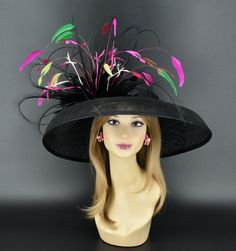 ✿*.Key Features.*✿ This is a Audrey Hepburn Style Hat with jumbo special feathers. 19.75"(50cm) extra wide brim, the widest stiff brim  hat in my store!  It's very beautiful. Great for Kentucky derby, weddings, church, Easter, Royal Ascot, horse races, cocktails, tea party, or any hat wearing occasion. Hat base size: From front to back: 19.75" (50cm) From left to right: 19.75" (50cm) Wide brim Appr: 7~7.5"" Head girth: 22.5"(57cm), adjustable string inside to make smaller to fit your head.   If you want other colors in this style, just search the same item code in my store, you will find them. ✿*.Tip.*✿ ❣️If you want a customized piece, please follow the instructions below: 🔹Present style of hat or fascinator you would like from the store, with additional photos of your outfit and any oth Black High Crown Hat For Races, Black Hat With Curved Brim For Royal Ascot, Black Curved Brim Hat For Royal Ascot, Black Mini Hat With Feather Trim For Royal Ascot, Black Feather Trim Hat For Kentucky Derby, Black Wide Brim Hat For Royal Ascot, Black Wide-brim Hat For Royal Ascot, Feathered Top Hat For Kentucky Derby Races, Feathered Top Hat For Races