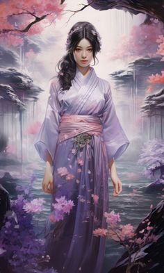 a painting of a woman in a purple dress standing next to some trees and flowers