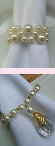 two pictures of the same bracelet with pearls and gold beads on it, one is white