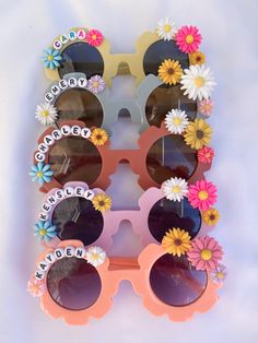 Made to order, Personalized kids flower sunglasses. Fast shipping! Flower Theme Birthday Party Favors, Diy Flower Sunglasses, Personalized Kids Sunglasses, Barbie Theme Activities, Flower Power 1st Birthday, Groovy Sleepover Party, Custom Name Fun Sunglasses For Summer, Custom Name Sunglasses For Summer Beach, Custom Name Sunglasses For Beach In Summer