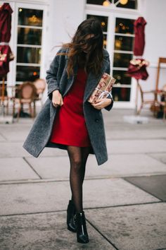 Try teaming a dark grey coat with a red shift dress if you're going for a neat, stylish look. Finish off your look with black leather booties.   Shop this look on Lookastic: https://lookastic.com/women/looks/charcoal-coat-red-shift-dress-black-ankle-boots/23519   — Charcoal Coat  — Red Shift Dress  — Black Polka Dot Tights  — Black Leather Ankle Boots Outfit Vestido Rojo, Winter Date Night Outfit, Winter Date Outfits, Date Night Outfit Ideas, Winter Date Night, Night Outfit Ideas, Red Shift Dress, Winter Date Night Outfits, Girls Night Out Outfits