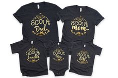 Scout Mom and Dad Matching Shirts, Family Scout Shirt, Matching Camping Shirts for Family, Scout Parents Gift, Camper Gifts,Proud Scout Gift Thank you for visiting our shop. This special Family Scout t-shirt is part of our unique camping collection. Please order for your loved one. HOW TO PLACE YOUR ORDER * Choose your t-shirt color * Choose your size * Choose your design&text color * PLEASE make sure all your order's steps PRODUCT DESCRIPTION  t-shirt feels soft and light, with just the right amount of stretch. It's comfortable and the unisex cut is flattering for both men and women. * Solid colors are 100% combed and ring-spun cotton * Ash color is 99% combed and ring-spun cotton, 1% polyester * Heather colors are 52% combed and ring-spun cotton, 48% polyester * Athletic and Black Heathe Black Cotton Tops For Camping, Black Cotton Top For Camping, Family Matching Tops With Letter Print For Outdoor Activities, Family Matching Tops With Letter Print For Outdoor, Family Matching Cotton T-shirt For Camping, Family Camping Shirts, Camper Gifts, Scout Mom, Camping Shirts