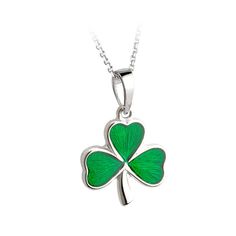 Sterling Silver Green Enamel Shamrock Pendant with Chain - S4619 - CladdaghRING.com Enamel Chain Necklace For Gift, Elegant Enamel Chain Jewelry, Green Sterling Silver Necklaces With Charms, Green Sterling Silver Necklace With Charms, Enamel Pendant With Adjustable Chain, Enamel Chain Jewelry For Gifts, Enamel Chain Jewelry As Gift, Enamel Chain Jewelry As A Gift, Silver Enamel Jewelry With Adjustable Chain