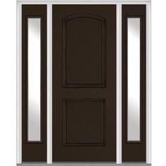 a black front door with two sidelights and mirrors on the top, against a white background