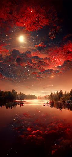 the sky is full of stars and clouds as it reflects in the water at night