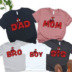 three t - shirts with the words dad, mom and baby printed on them