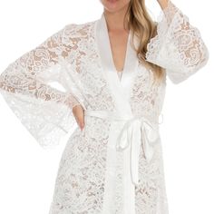 Description: In Bloom By Jonquil Lace Wrap Robe-Women. Attributes: Mpn: Syc030 Size: X Large Color: White White Lace Robe Wrapped With A Satin Sash For A Figure-Flattering Fit. Long Sleeves Removable Tie Belt 90% Nylon, 10% Spandex Machine Wash, Line Dry White Feminine Fitted Robe, White Lace Robe For Daywear, Fitted Lace Robe For Loungewear, Bridal Robes Personalized, White Lace Robe, In Bloom By Jonquil, Robe Women, Sheer Robe, Chiffon Wrap