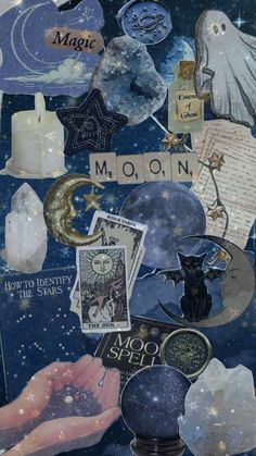 a collage of various items that include moon, stars and other things to spell out