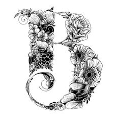 the letter s made up of flowers and leaves is shown in black ink on a white background