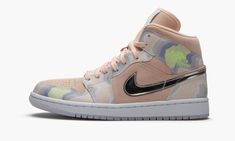 The Women’s Air Jordan 1 Mid “P(Her)spective” is a unique colorway of Michael Jordan’s first signature shoe in mid-top form. This unique P(Her)spective design features pastel hues for an off-the-court appeal. Washed Coral suede forms the base of the upper, appearing on the perforated toe, mid-panel, and collar. Contrasting nubuck overlays on the forefoot, collar, and heel display soothing hues of green and blue. Branding appears in the form of Silver Metallic Swooshes on the mid-panel, neon gree Heel Display, Womens Air Jordan 1, Womens Air Jordan, Wmns Air Jordan 1, Jordan Ones, Air Jordan 1 Mid Se, Womens Basketball Shoes, Womens Air Jordans, Jordans Women