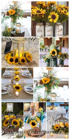 sunflowers are arranged in mason jars and vases for centerpieces or centerpieces