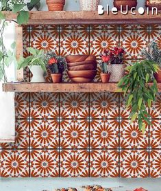 an orange and white tiled wall with potted plants on the shelf next to it