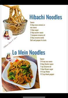 the menu for noodles is shown in two different languages and includes instructions to make it