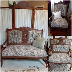 three pictures of an old fashioned couch and chair with pillows on the bottom, in different stages of being upholstered