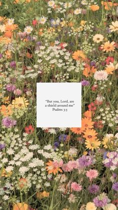 a field full of flowers with a quote on it