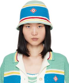 Crocheted cotton bucket hat in multicolor. · Stripe pattern throughout · Embroidered logo patch at face · Unlined Supplier color: Blue multi Stripe Crochet, Cotton Bucket Hat, Crochet Bucket, Crochet Bucket Hat, Color Therapy, Casablanca, Stripes Pattern, Patch Logo, Bucket Hat