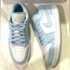 Ice Blue Air Jordans, Nike Shoes Light Blue, Shoes For Prom Sneakers, Shoes Aesthetic Pictures, Jordan 1 Low Ice Blue, Blue Jordans, Nike Air Jordan 1 Low, Custom Nike Shoes